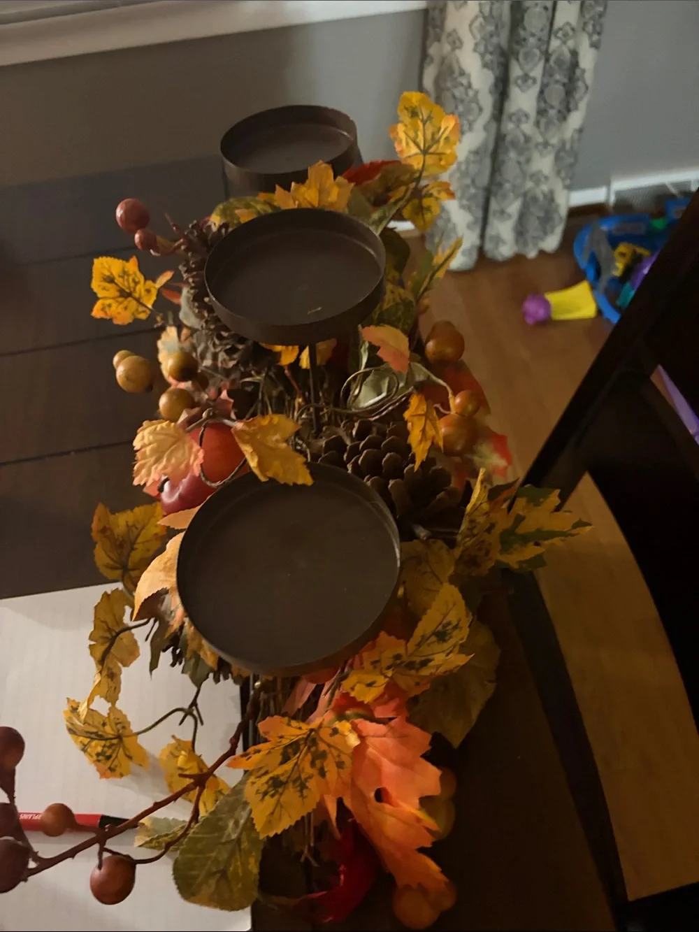 Autumn Harvest Faux Foliage Candle Centerpiece - Brown